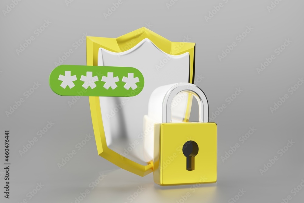 Poster shield with lock symbol security and protection. 3d render.
