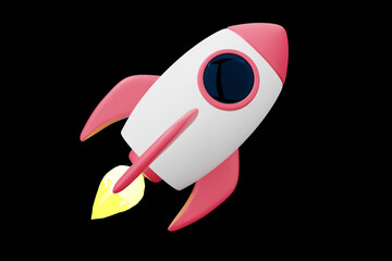 Fototapeta premium Rocket isolated on black, 3D illustartion. Red white spaceship fly in space.