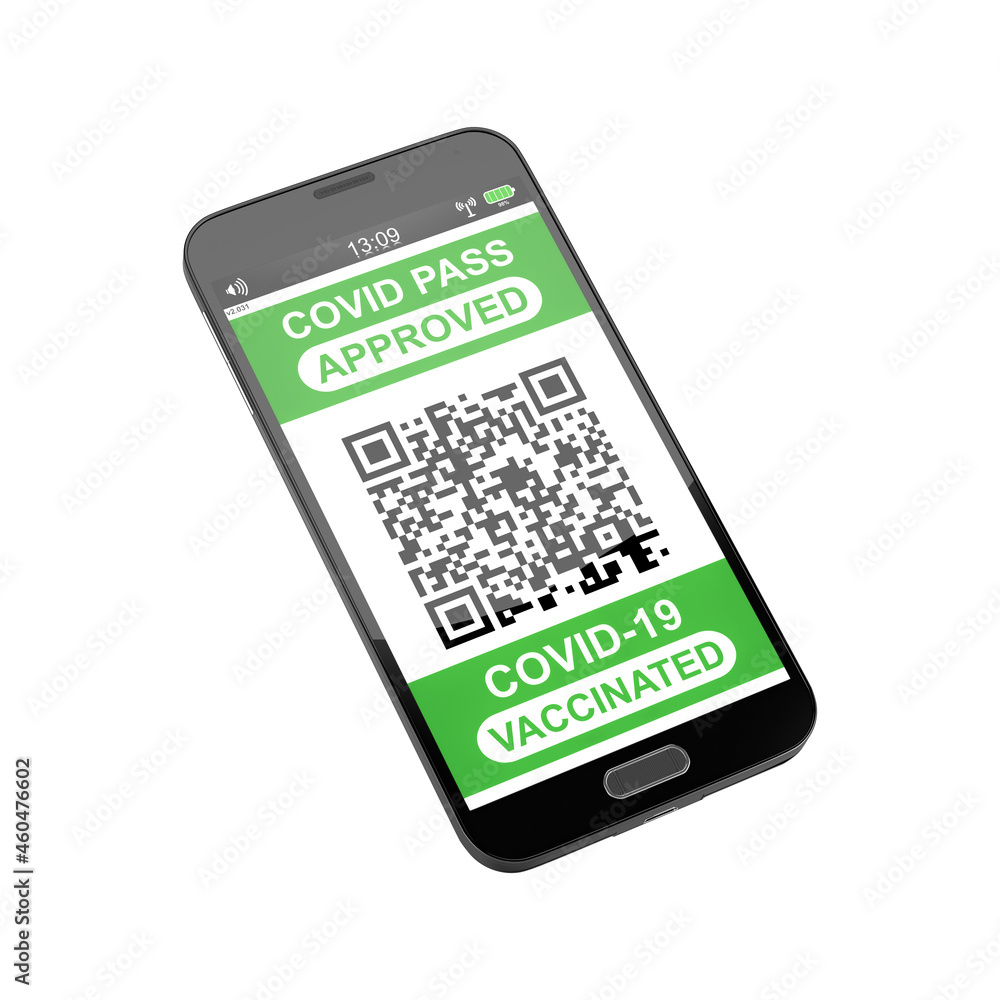 Aufkleber 3d rendering of a fictitious smartphone, with a qr pass code of the covid-19 vaccine