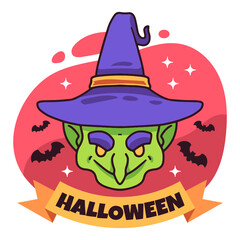 Cute Hand Drawn  Witch in Halloween Labels for stickers and badges
