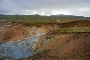 Krýsuvík, Iceland: Krýsuvík-Seltún Geothermal Hot Springs, a geothermal system in Krýsuvík volcanic area, on the Mid-Atlantic Ridge of the Reykjanes peninsula.