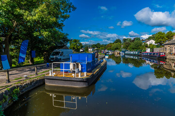 A view from the top of the Five Locks network on the Leeds, Liverpool canal at Bingley, Yorkshire,...
