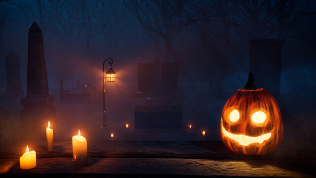Halloween Illustration with Eerie Candlelit Tombstones and Scary Pumpkin.