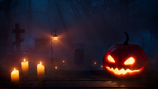 Halloween Jack O' Lantern with Candles, in a Haunted Forest Graveyard at Night.