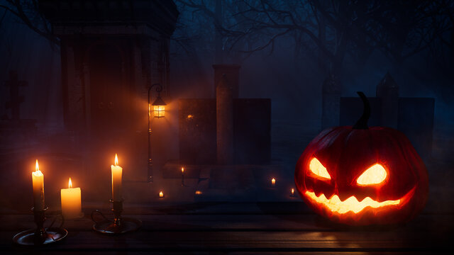 Jack O' Lantern in Haunted Woodland Churchyard. Halloween background.