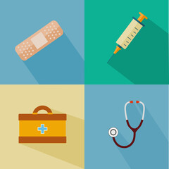 Set of medical icons from adhesive plaster, syringe, medical bag,stethoscope . Simple flat icons with long shadow. Vector illustration.