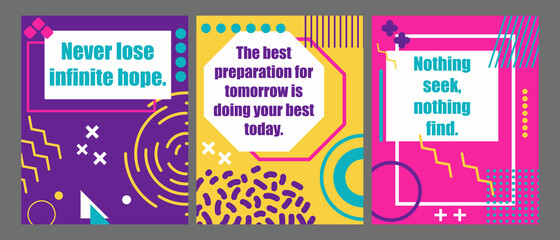 Big set of  Speech bubble, banner, poster, sticker with motivational inscription. Vector background in Memphis style.