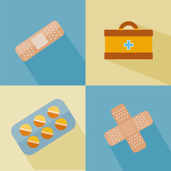 Set of medical icons from adhesive plaster, medical bag pills. Simple flat icons with long shadow. Vector.