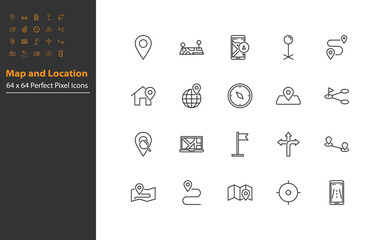 set of location line icons, map, pin, navigation