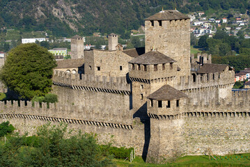 Castle named Montebello at City of Bellinzona on a sunny late summer morning. Photo taken September 12th, 2021, Bellinzona, Switzerland.