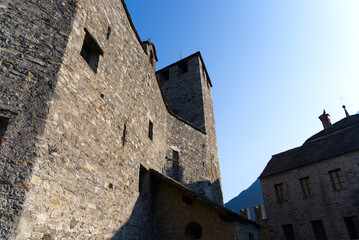 Fototapeta na wymiar Castle named Montebello at City of Bellinzona on a sunny late summer morning. Photo taken September 12th, 2021, Bellinzona, Switzerland.