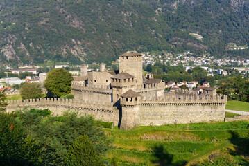 Castle named Castelgrande at City of Bellinzona on a sunny late summer morning. Photo taken September 12th, 2021, Bellinzona, Switzerland.