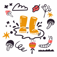 Cartoon doodle style vector illustration with yellow rubber boots,worm, cloud, mushrooms, flower, star, and graphic elements. Great design element for sticker, patch, pattern for fabric or poster. 