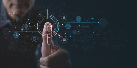 Digital banking, Internet payment, online marketing, personal financial data protection concept. Man scanning fingerprint via mobile banking app