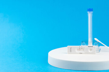 Express antigen test for coronavirus covid 19 self-check at home. Laboratory card corona rapid test device. Negative result. Set with medical swab nose sticks, tube 