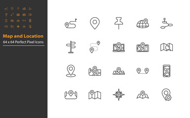 set of location line icons, map, pin, navigation
