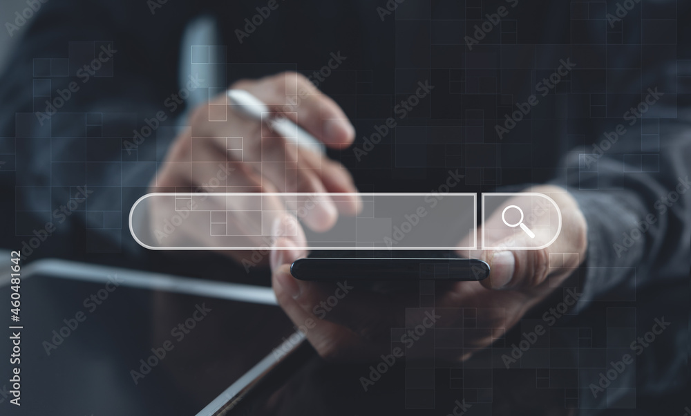 Poster business man using mobile smart phone to search online information content with browser tool bar on 