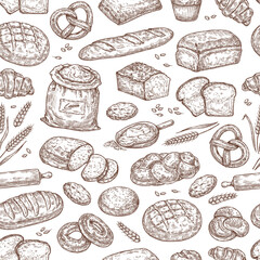 Seamless sketch pattern with pastries, bread, flour on a white background. Background in vintage style.