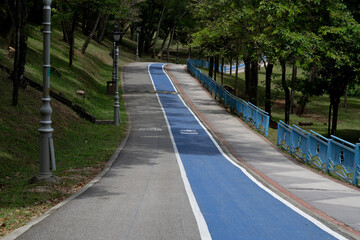 Beautiful scenery horizontal shot of cycle path painted in blue in Kepong public park, Kuala Lumpur, Malaysia.