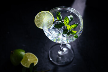 Gin tonic in cocktail glass with ice, mint leaves and lime on a dark rustic board