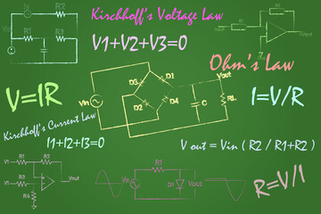 electrical circuits and formulas on chalkboard