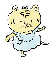 バレエの練習をする水彩タッチのかわいいトラのイラスト　年賀状素材　2022　令和四年　パステルカラー