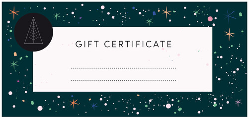 Modern Christmas gift certificate coupon. Holiday gift voucher Arty stars galaxy snowflakes glitter pattern with x-mas tree icon. Copy space light background. Fashionable style season color
