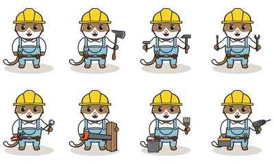 Cute and funny cartoon Cat being a handyman. Character animal. Cartoon style Handyman with the tools. Children's illustration.