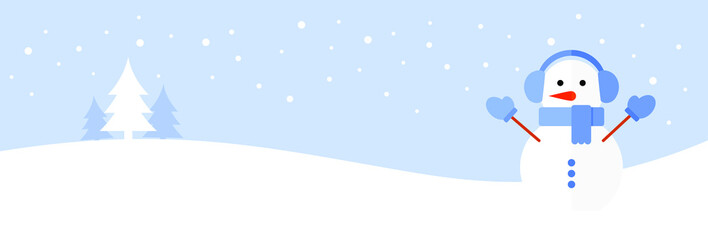 Snowman in blue headphones, mittens and a scarf on a blue and white background with trees and falling snow. Christmas banner. Flat vector illustration