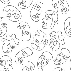Fototapeta premium One line art face woman and man seamless pattern. Modern minimalist abstract portrait. Seamless background