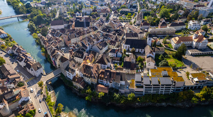  Aerial view around the old town of the city Brugg in Switzerland on a sunny day in summer. 