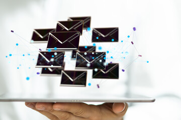  touching 3D rendering flying email icon with his fin