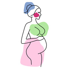 Line art pregnant woman, modern contemporary minimalist abstract woman portrait. Line drawing. Silhouette pregnant woman