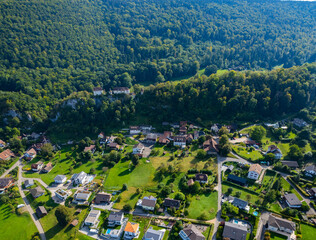 Aerial view  of the village Leimental in Switzerland on a sunny day in summer. 