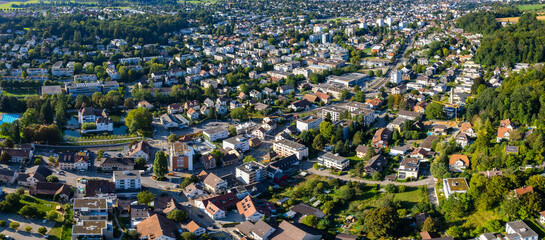 Aerial view of the city Bottmingen in Switzerland on a sunny day in summer. 