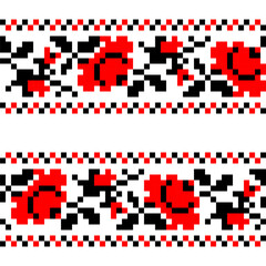 Vector seamless pattern with Ukrainian national ornament. Traditional black and red Ukrainian embroidery on white background