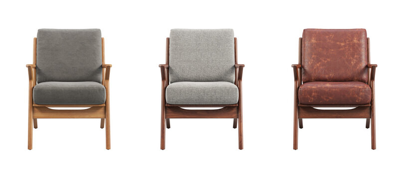 Midcentury fabric and leather upholstery chairs. 3d render