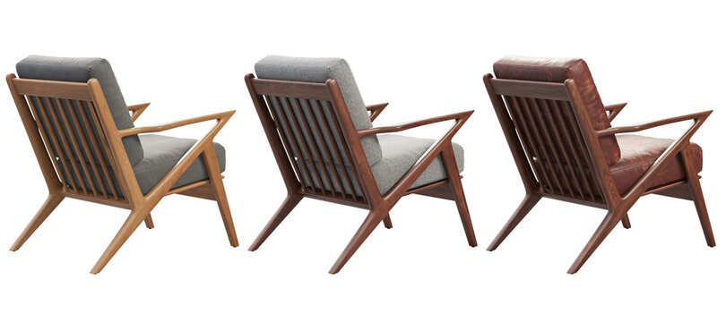 Midcentury fabric and leather upholstery chairs. 3d render
