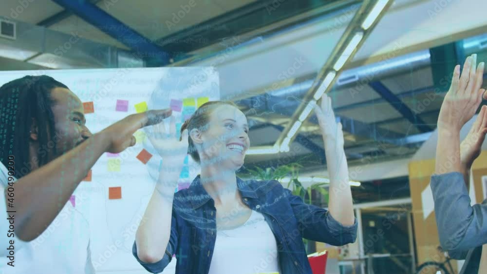 Poster animation of globe and data processing over smiling business colleagues high fiving