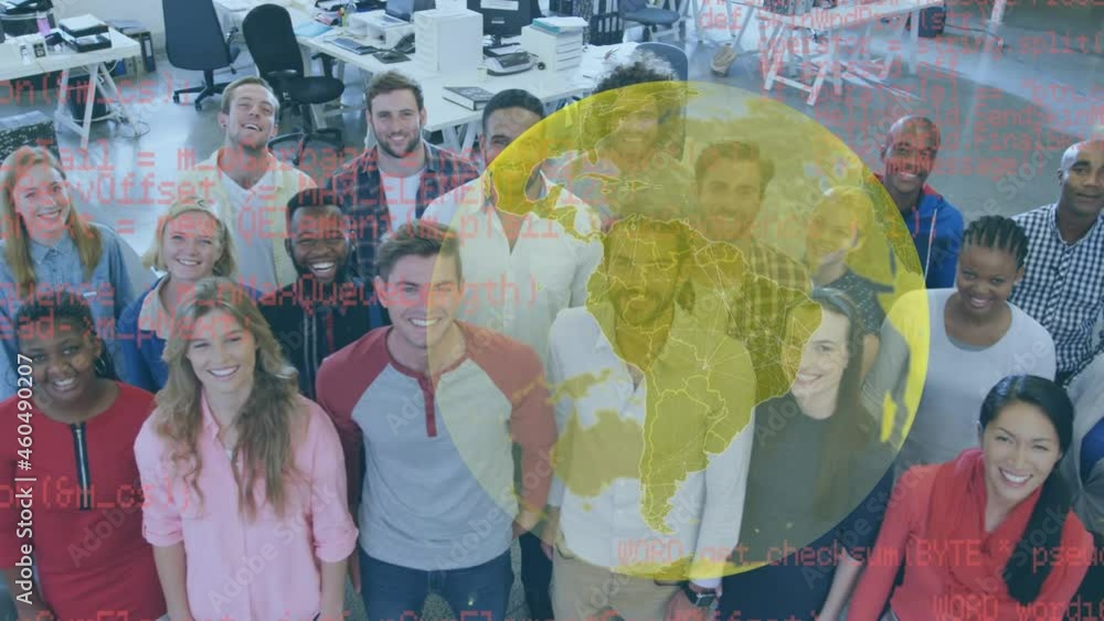 Aufkleber animation of globe and data processing over smiling business colleagues