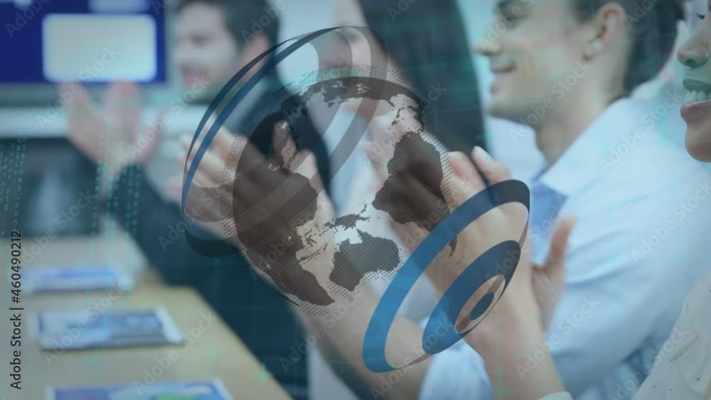 Poster Animation of globe and data processing over smiling business colleagues clapping