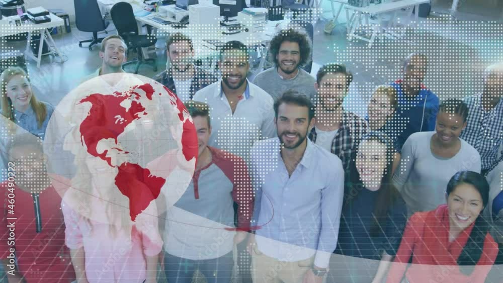 Aufkleber animation of globe and data processing over smiling business colleagues