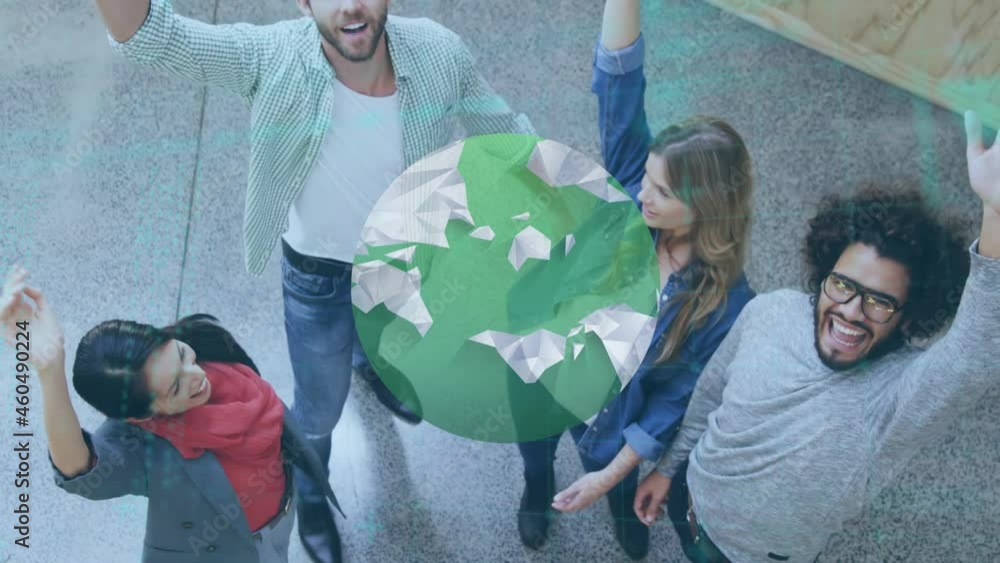 Poster animation of globe and data processing over smiling business colleagues hand stacking
