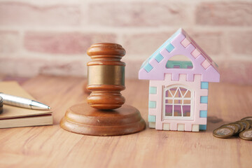  gavel , house and book with copy space on table 