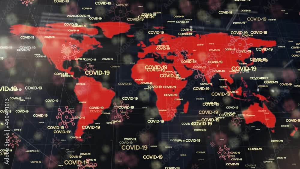 Aufkleber animation of multiple covid 19 text over world ma on dark background