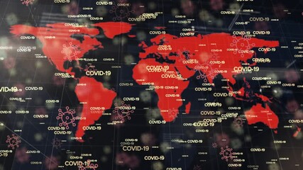 Animation of multiple covid 19 text over world ma on dark background