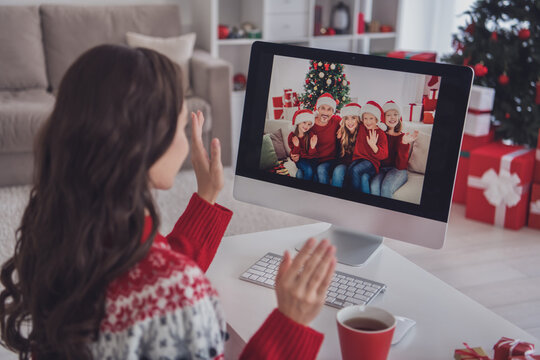 Profile side view portrait of attractive wavy-haired girl calling video family gathering staying at workplace home indoors