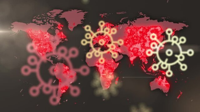 Animation of covid 19 cells over world map on dark background