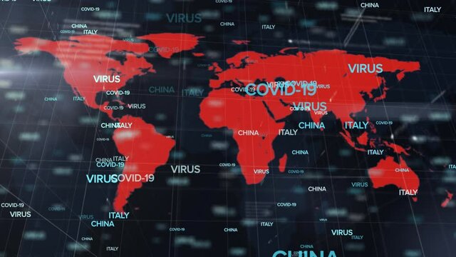 Animation of multiple covid 19 text over world ma on dark background