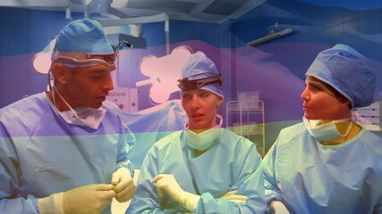 Animation of flag of germany waving over surgeons in operating theatre - Powered by Adobe